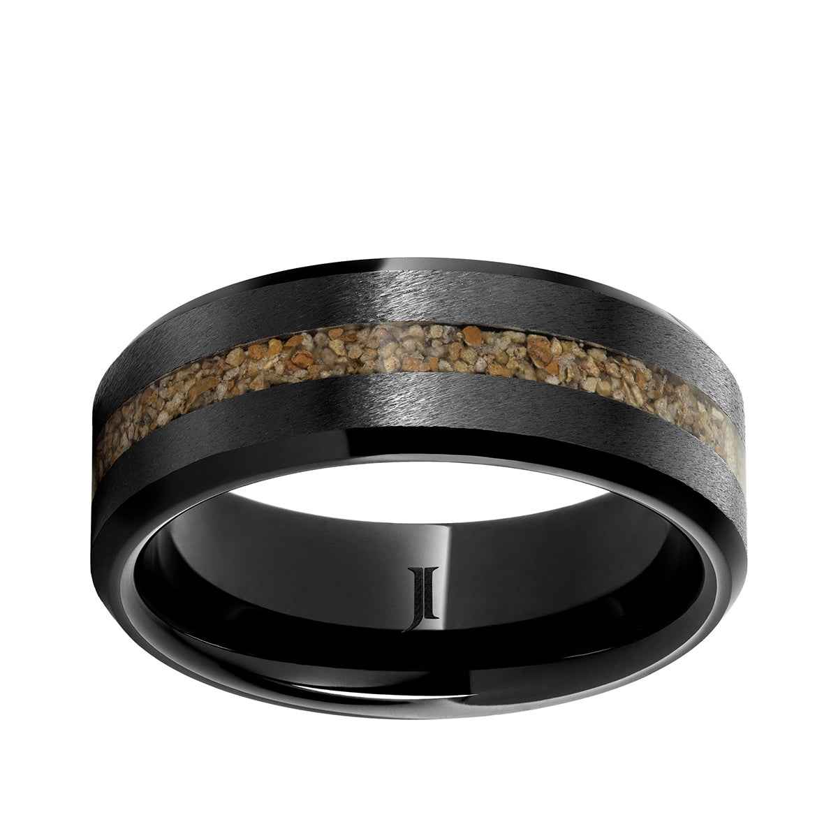 Men's 8mm Brown Grain Dinosaur Bone Inlay Wedding Ring in Black Ceramic