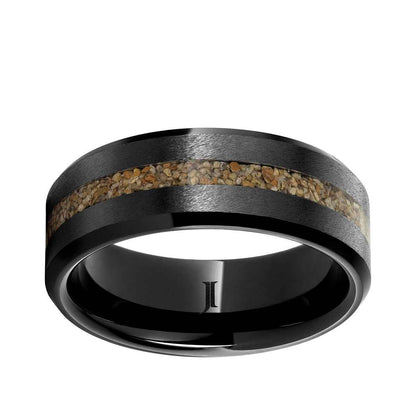 Men's 8mm Brown Grain Dinosaur Bone Inlay Wedding Ring in Black Ceramic