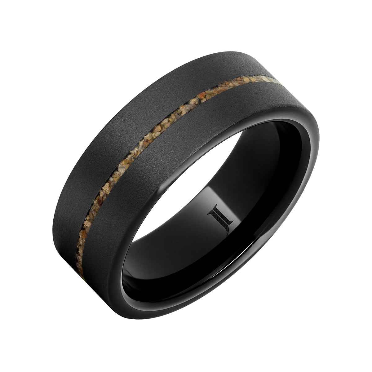 Men's 8mm Brown Dinosaur Inlay Sandblast Finish Wedding Ring in Black Ceramic front view