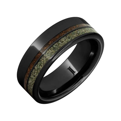 Men's 8mm Red & Green Dinosaur Bone Inlay Wedding Ring in Black Ceramic front view