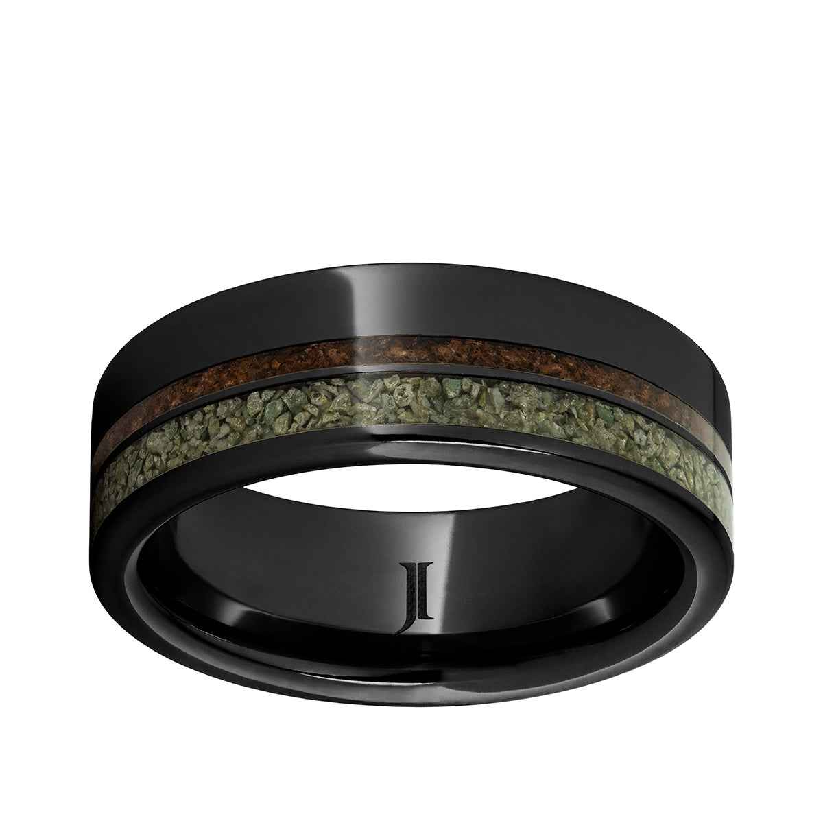 Men's 8mm Red & Green Dinosaur Bone Inlay Wedding Ring in Black Ceramic