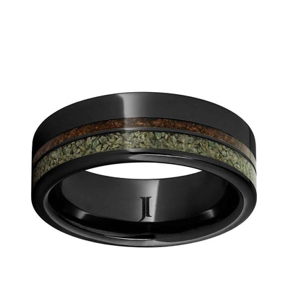Men's 8mm Red & Green Dinosaur Bone Inlay Wedding Ring in Black Ceramic