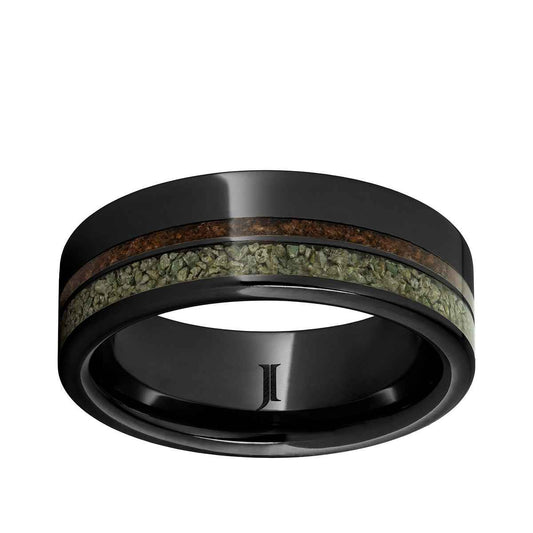Men's 8mm Red & Green Dinosaur Bone Inlay Wedding Ring in Black Ceramic