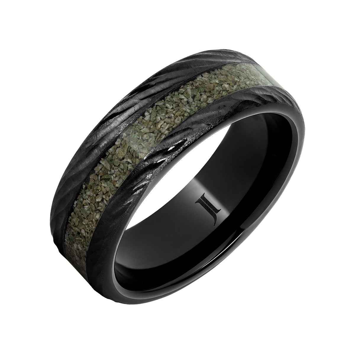 Men's 8mm Green Dinosaur Bone Inlay Bark Finish Wedding Ring in Black Ceramic front view