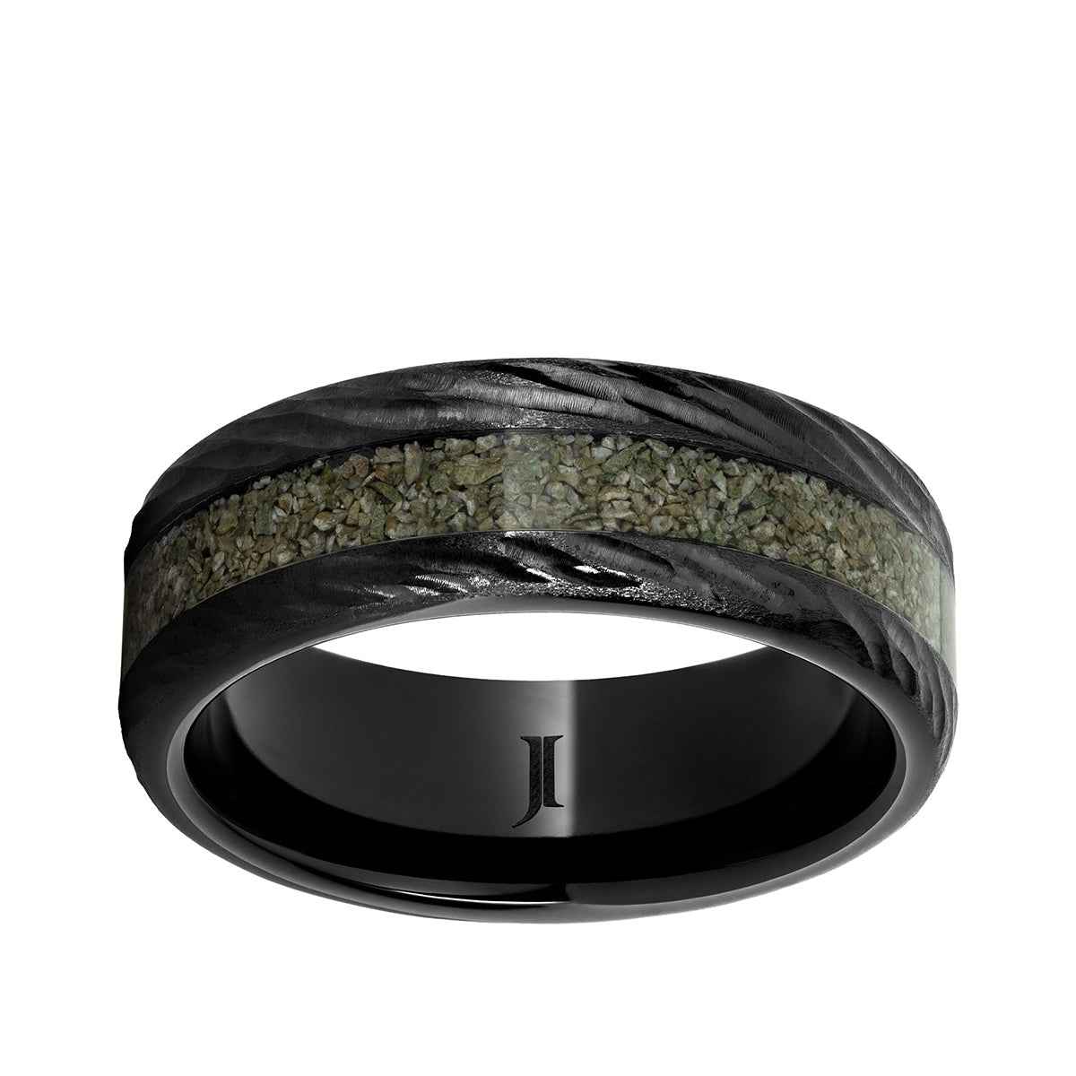 Men's 8mm Green Dinosaur Bone Inlay Bark Finish Wedding Ring in Black Ceramic