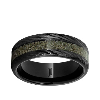 Men's 8mm Green Dinosaur Bone Inlay Bark Finish Wedding Ring in Black Ceramic