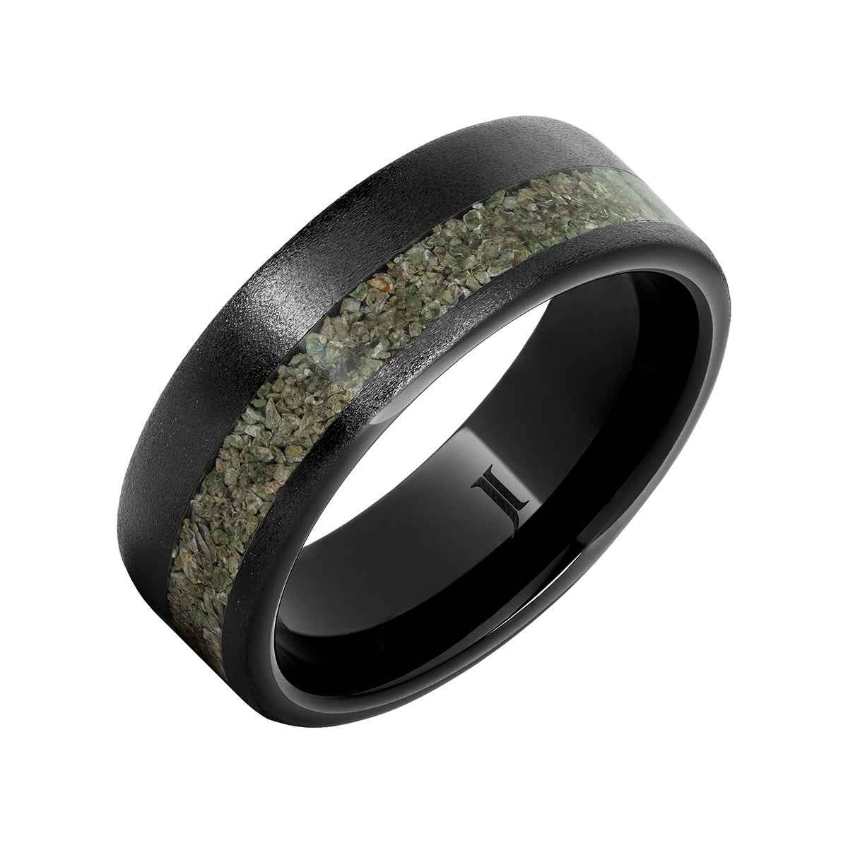 Men's Green Dinosaur Bone Inlay Stone Finish Wedding Ring in Black Ceramic front view