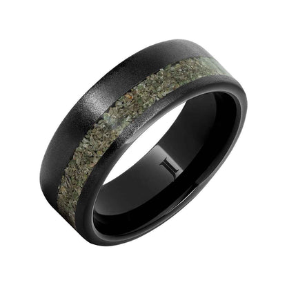Men's Green Dinosaur Bone Inlay Stone Finish Wedding Ring in Black Ceramic front view