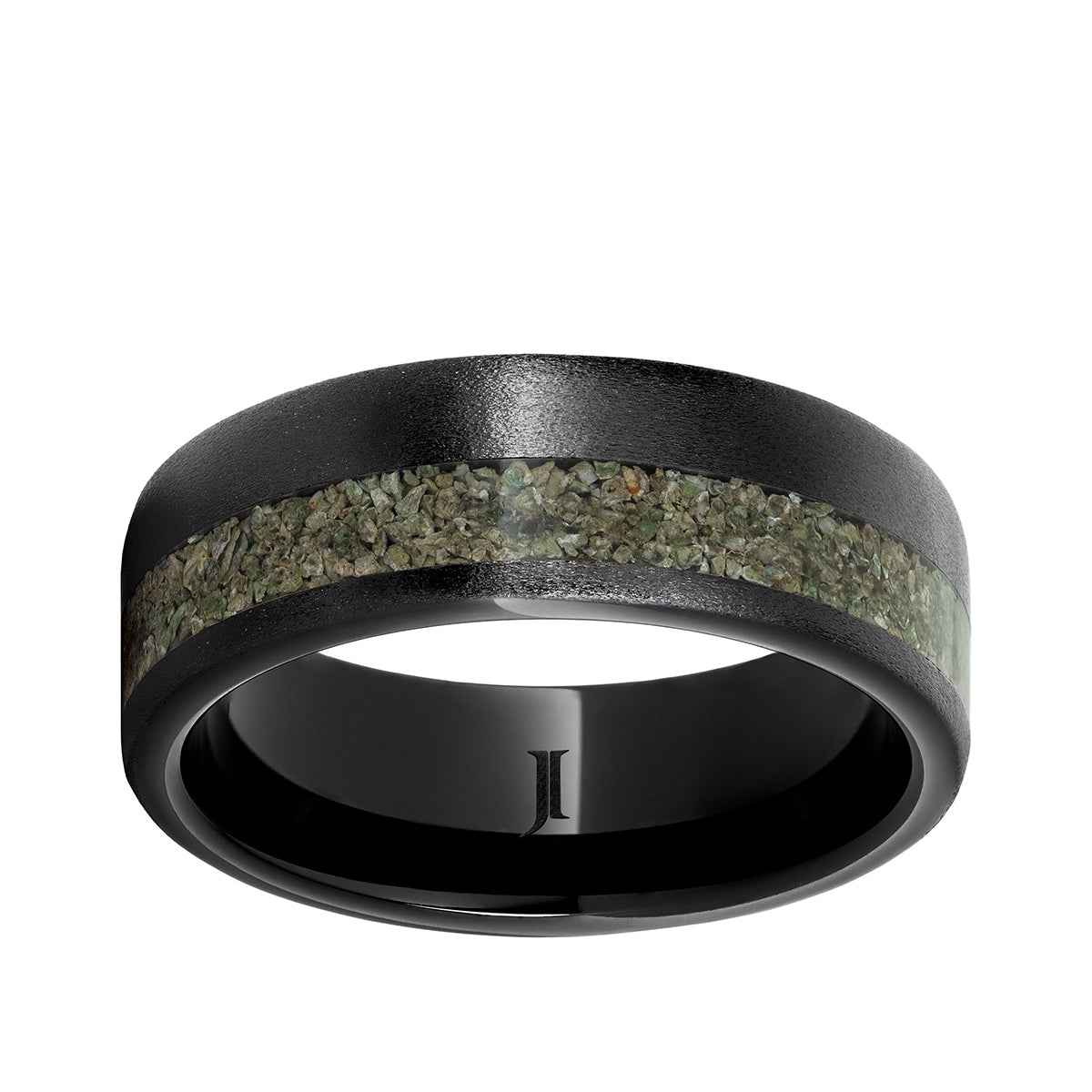 Men's Green Dinosaur Bone Inlay Stone Finish Wedding Ring in Black Ceramic