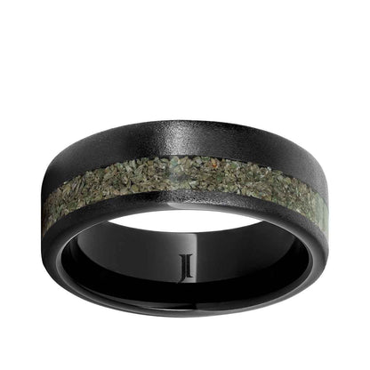 Men's Green Dinosaur Bone Inlay Stone Finish Wedding Ring in Black Ceramic