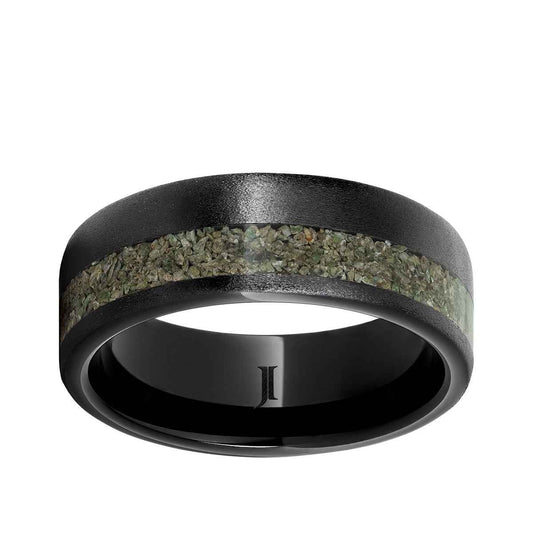 Men's Green Dinosaur Bone Inlay Stone Finish Wedding Ring in Black Ceramic