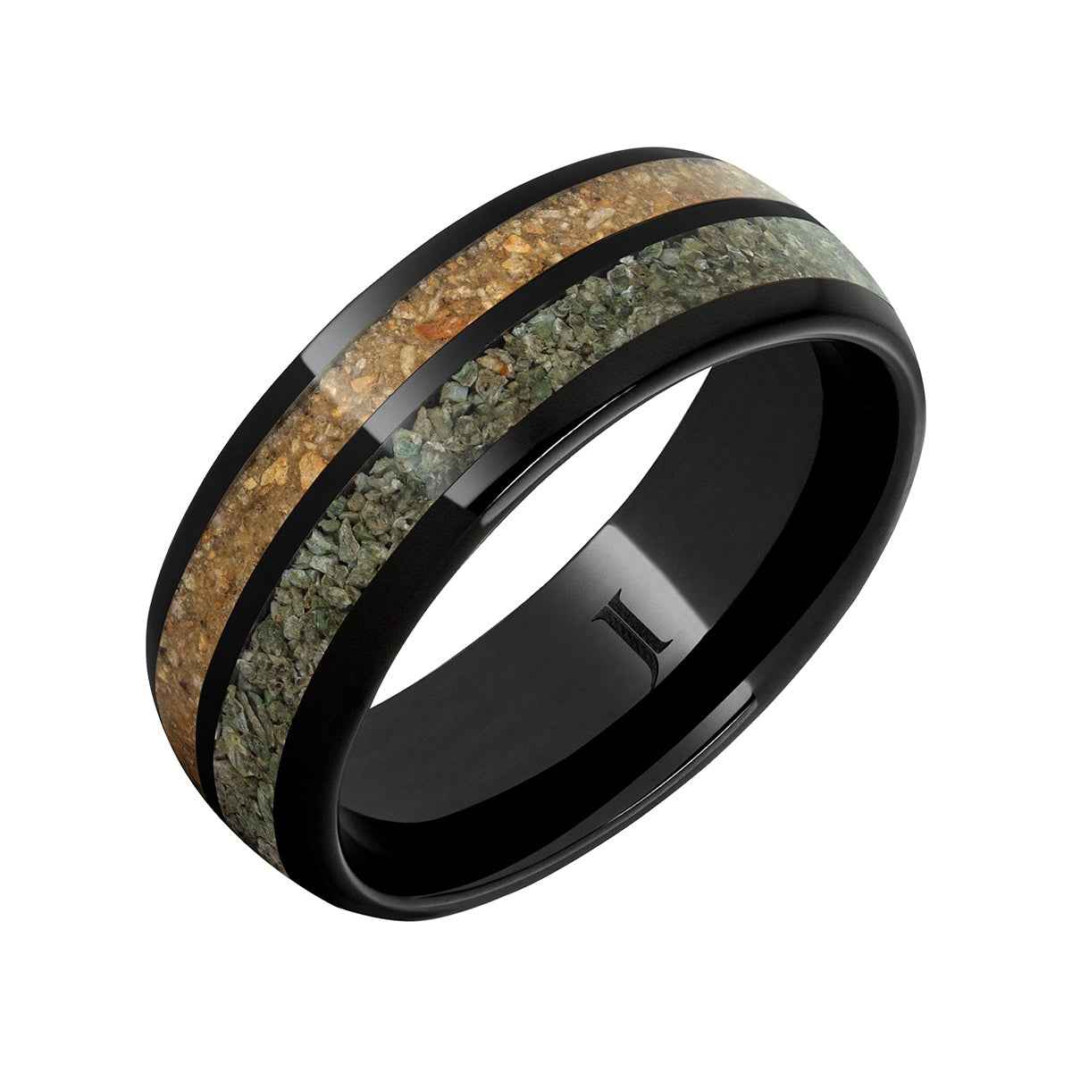 Men's 8mm Brown & Green Dinosaur Bone Inlay Wedding Ring in Black Ceramic front view