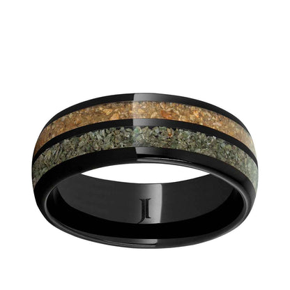 Men's 8mm Brown & Green Dinosaur Bone Inlay Wedding Ring in Black Ceramic