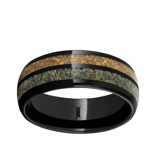 Men's 8mm Brown & Green Dinosaur Bone Inlay Wedding Ring in Black Ceramic