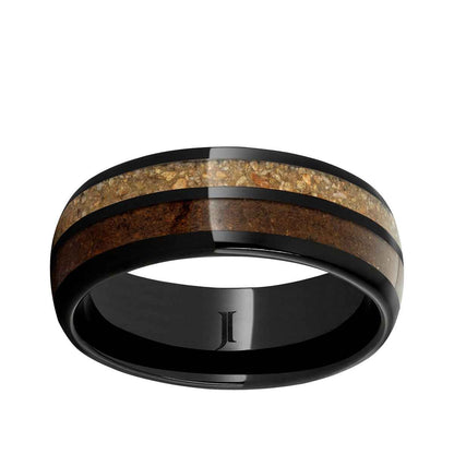 Men's 8mm Brown & Red Dinosaur Bone Inlay Wedding Ring in Black Ceramic