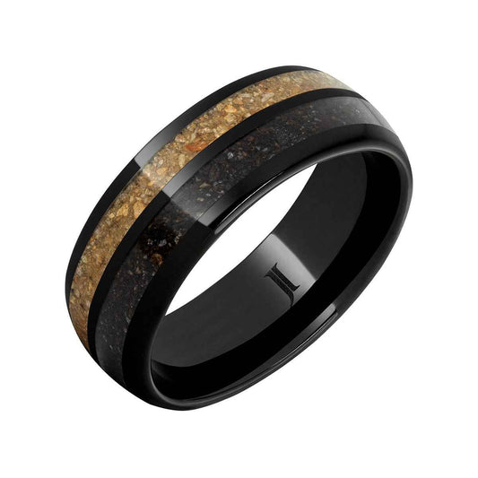 Men's 8mm Brown & Gray Dinosaur Bone Inlay Wedding Ring in Black Ceramic front view