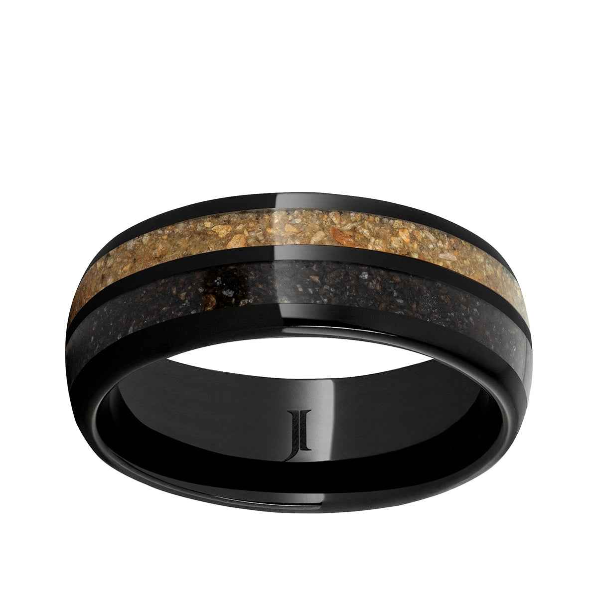 Men's 8mm Brown & Gray Dinosaur Bone Inlay Wedding Ring in Black Ceramic