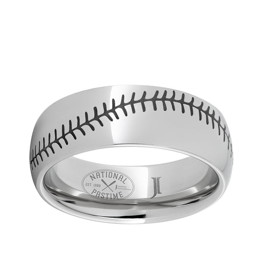 Men's Baseball Stitch Engraved Dome Wedding Ring in Serinium