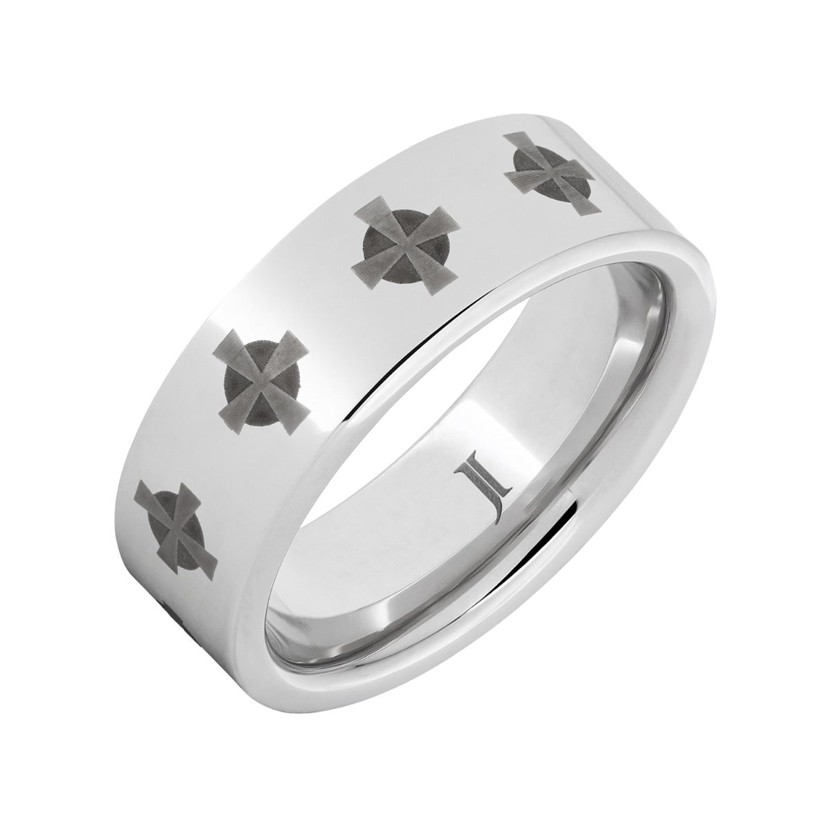 Men's 8mm Celtic Cross Flat Wedding Ring in Serinium front view