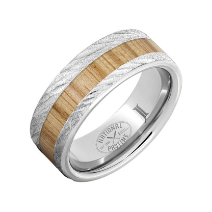 Men's 8mm Off Center Ash Wood Inlay Flat Wedding Ring in Serinium front view