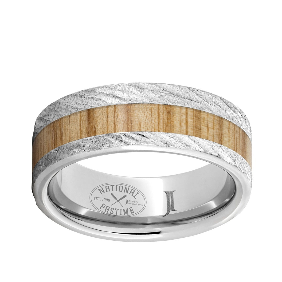 Men's 8mm Off Center Ash Wood Inlay Flat Wedding Ring in Serinium