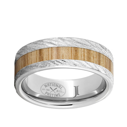 Men's 8mm Off Center Ash Wood Inlay Flat Wedding Ring in Serinium