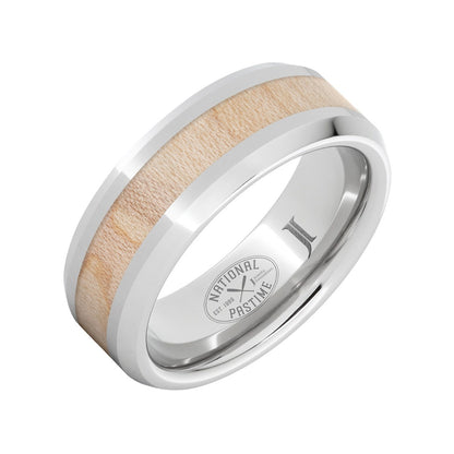 Men's 8mm Maple Wood Inlay Beveled Edge Wedding Ring in Serinium front view