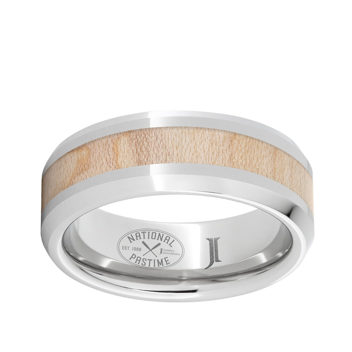 Men's 8mm Maple Wood Inlay Beveled Edge Wedding Ring in Serinium