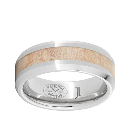 Men's 8mm Maple Wood Inlay Beveled Edge Wedding Ring in Serinium