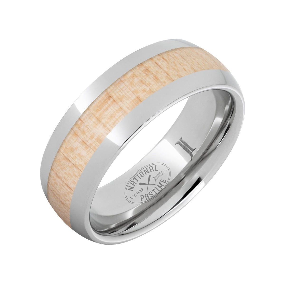 Men's 8mm Maple Wood Inlay Dome Wedding Ring in Serinium front view