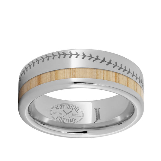 Men's Baseball Stitch Engraved & Vintage White Ash Bat Wood Inlay Wedding Ring in Serinium