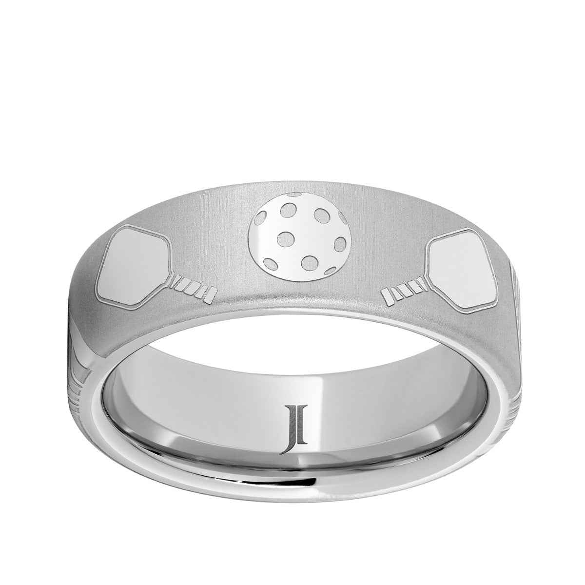 Men's 8mm Pickleball Engraved Flat Wedding Ring in Serinium