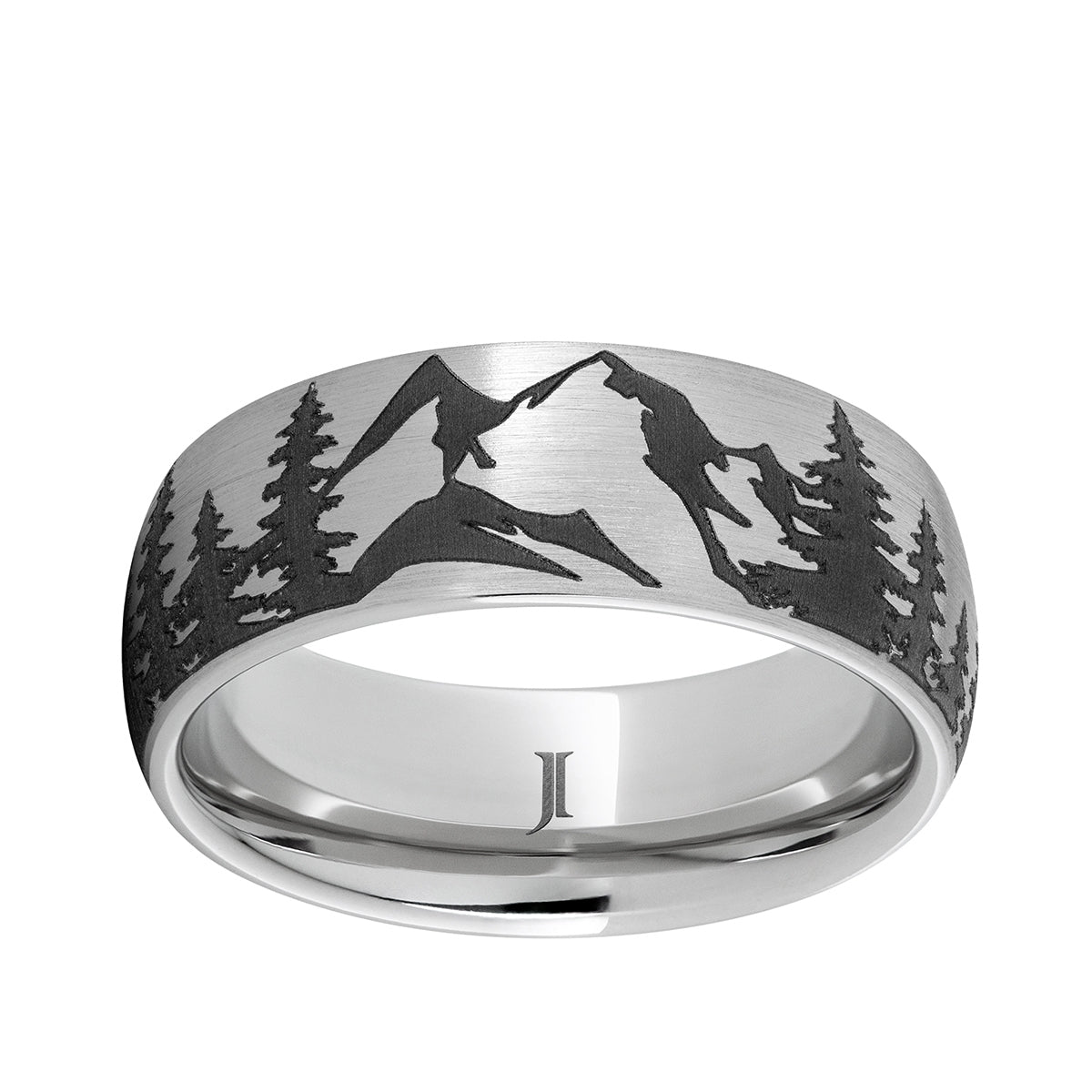 Men's Pine Forest Mountain Engraved Dome Wedding Ring in Serinium