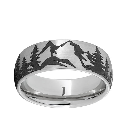 Men's Pine Forest Mountain Engraved Dome Wedding Ring in Serinium