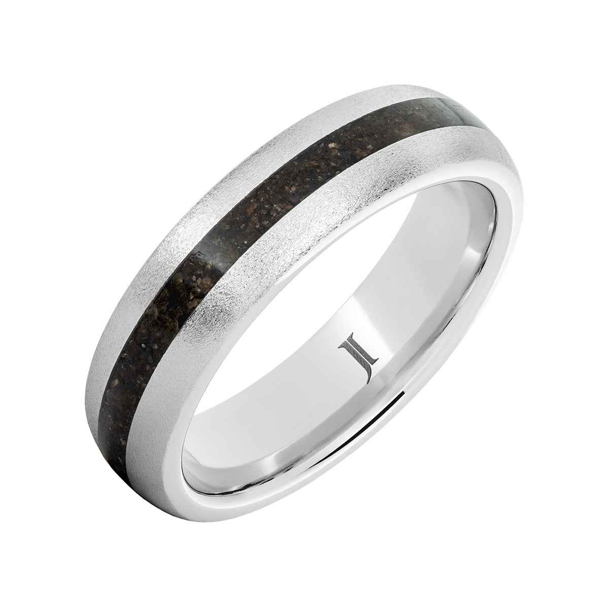 Men's 6mm Gray Dinosaur Bone Inlay Stone Finish Wedding Ring in Serinium front view