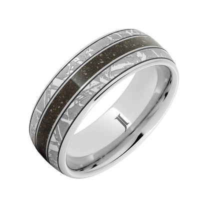 Men's 8mm Gray Dinosaur Bone Inlay Meteor Engraved Wedding Ring in Serinium front view
