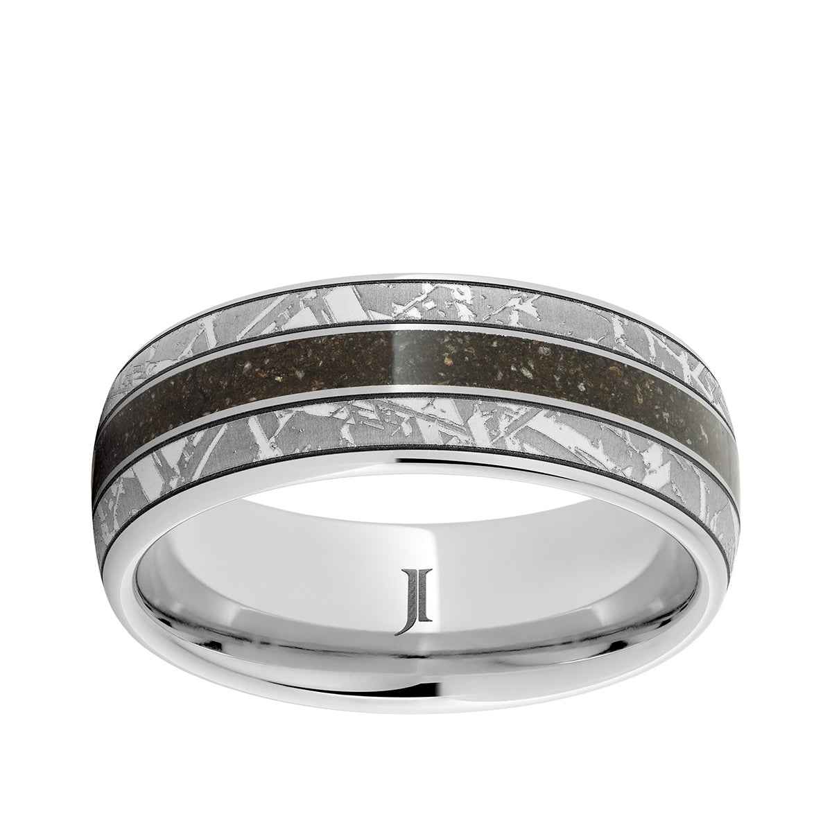 Men's 8mm Gray Dinosaur Bone Inlay Meteor Engraved Wedding Ring in Serinium