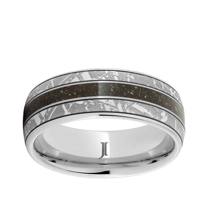 Men's 8mm Gray Dinosaur Bone Inlay Meteor Engraved Wedding Ring in Serinium