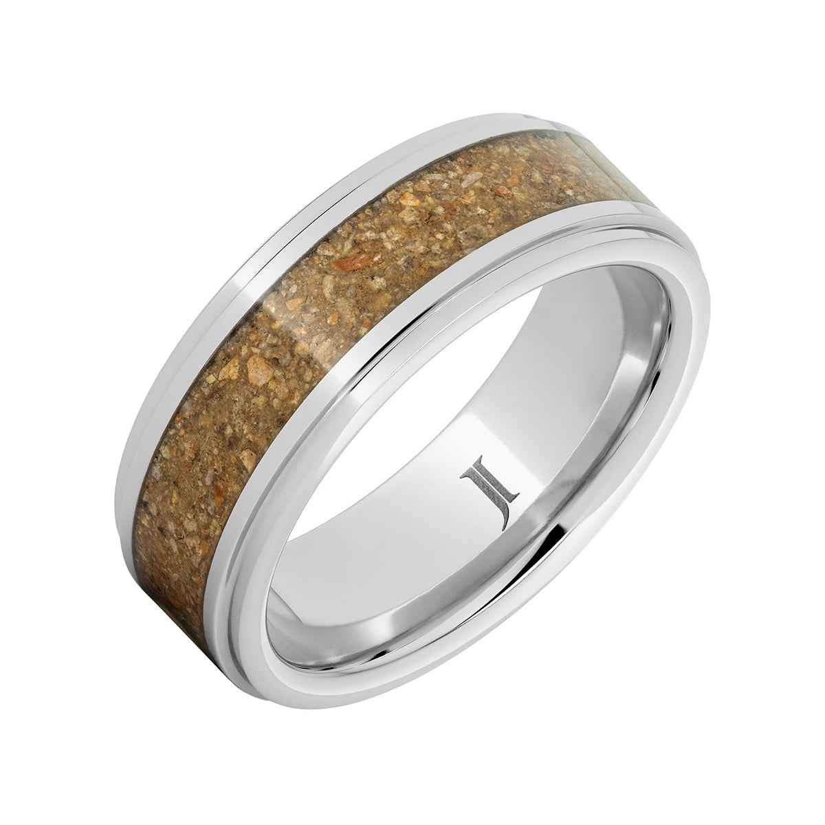 Men's 8mm Brown Dinosaur Bone Inlay Wedding Ring in Serinium front view