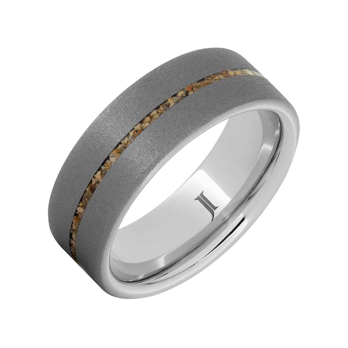 Men's 8mm Brown Dinosaur Bone Inlay Sandblast Finish Wedding Ring in Serinium front view