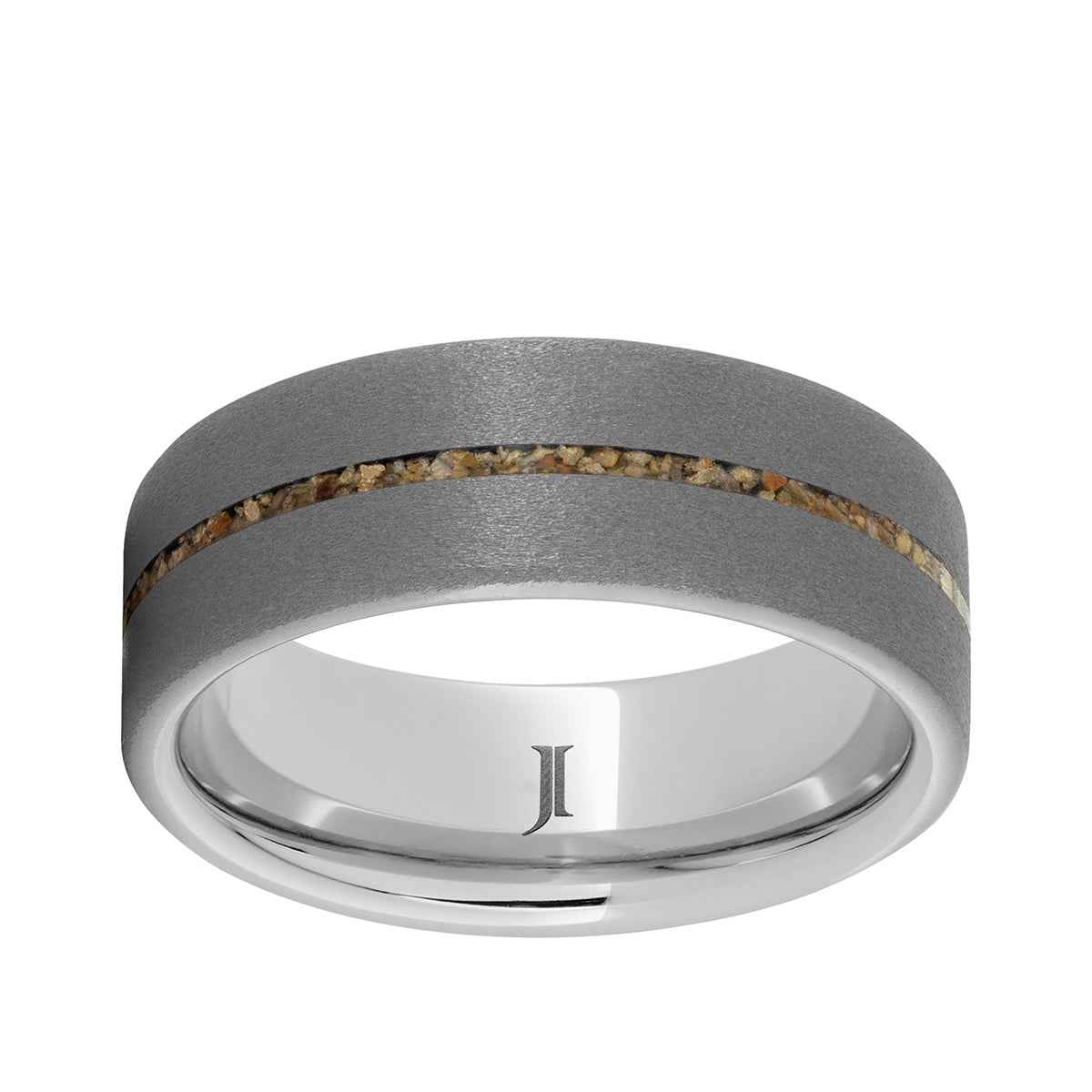 Men's 8mm Brown Dinosaur Bone Inlay Sandblast Finish Wedding Ring in Serinium