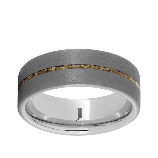 Men's 8mm Brown Dinosaur Bone Inlay Sandblast Finish Wedding Ring in Serinium