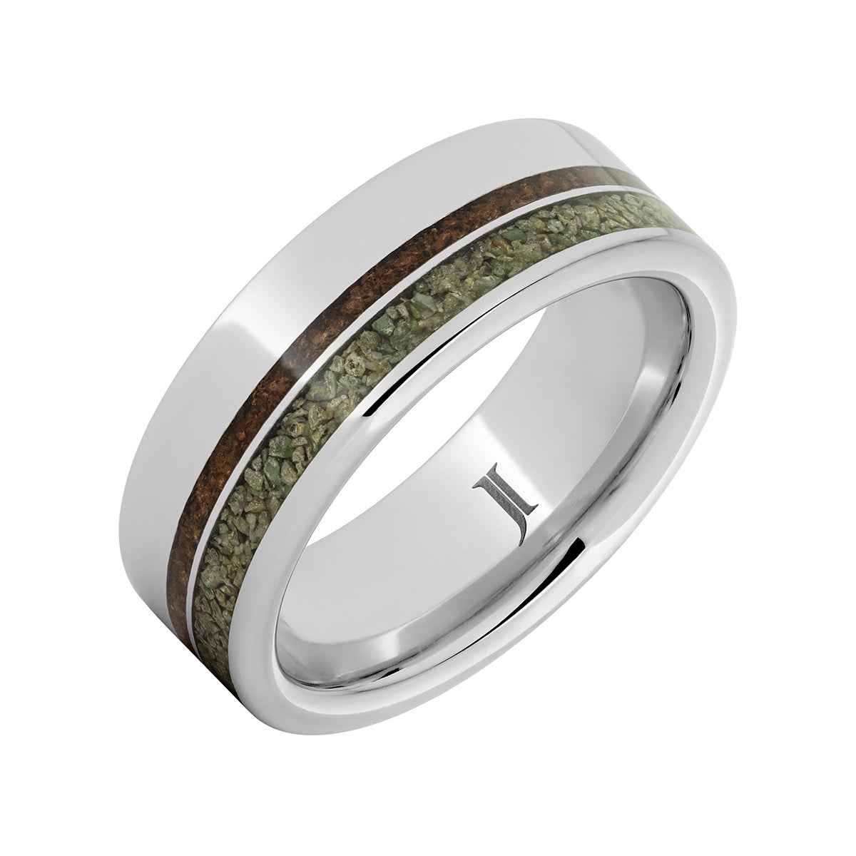Men's 8mm Red & Green Dinosaur Bone Inlay Wedding Ring in Serinium front view