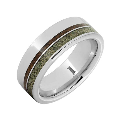 Men's 8mm Red & Green Dinosaur Bone Inlay Wedding Ring in Serinium front view