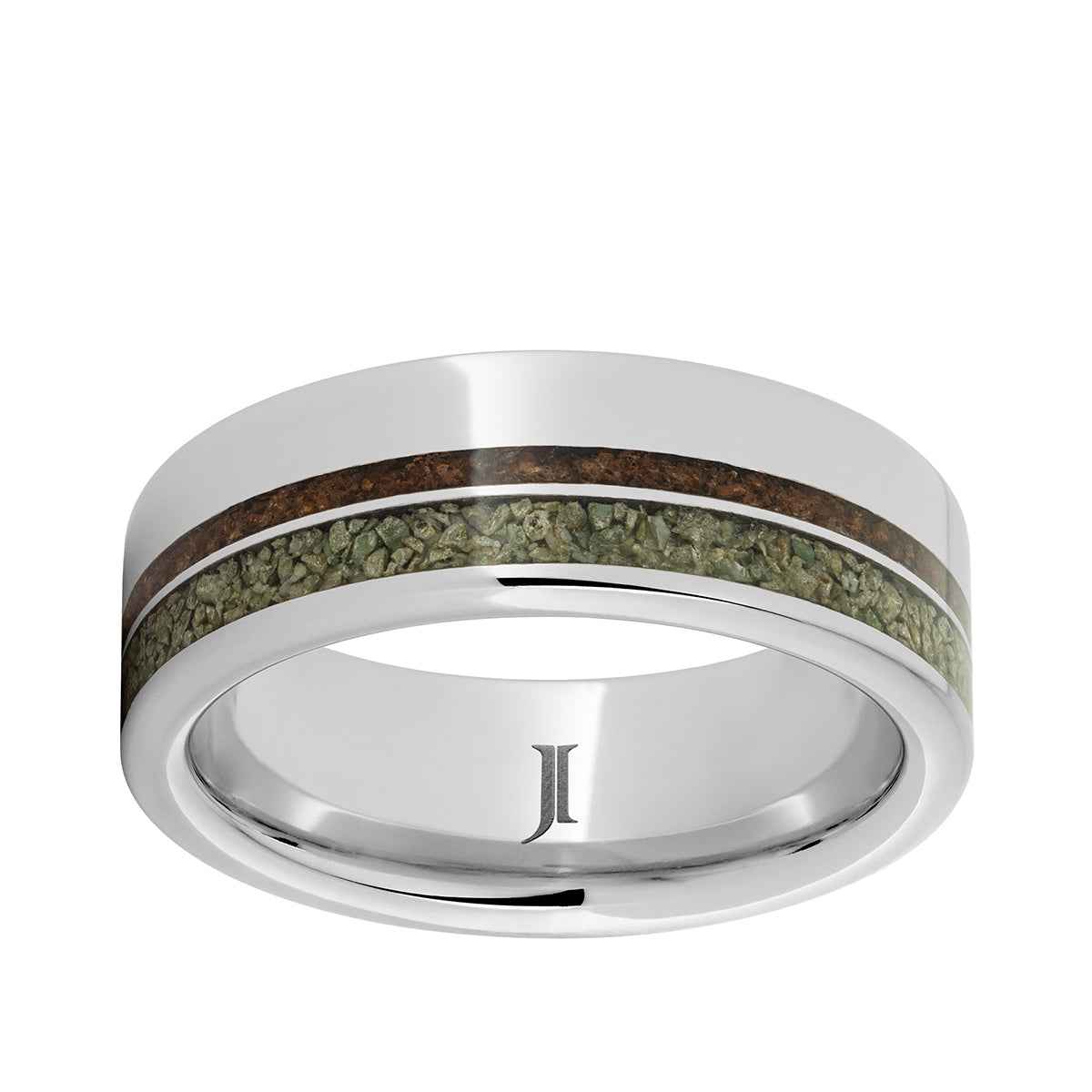 Men's 8mm Red & Green Dinosaur Bone Inlay Wedding Ring in Serinium