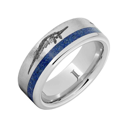 Men's 8mm Lapis Inlay Ocean Predator Stone Finish Wedding Ring in Serinium front view