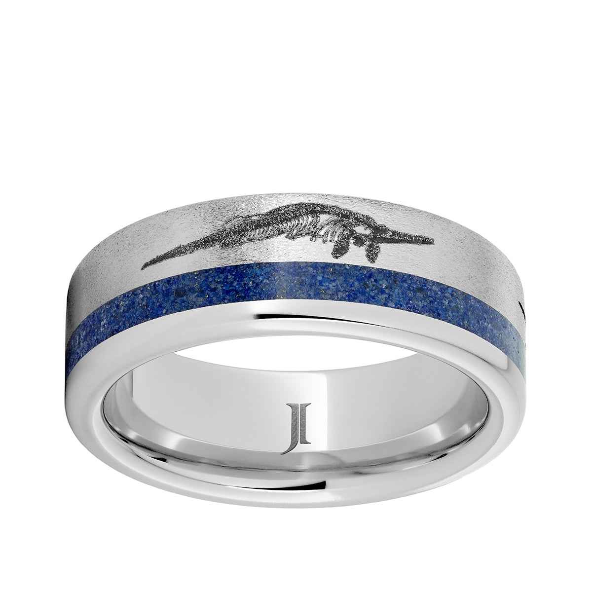 Men's 8mm Lapis Inlay Ocean Predator Stone Finish Wedding Ring in Serinium
