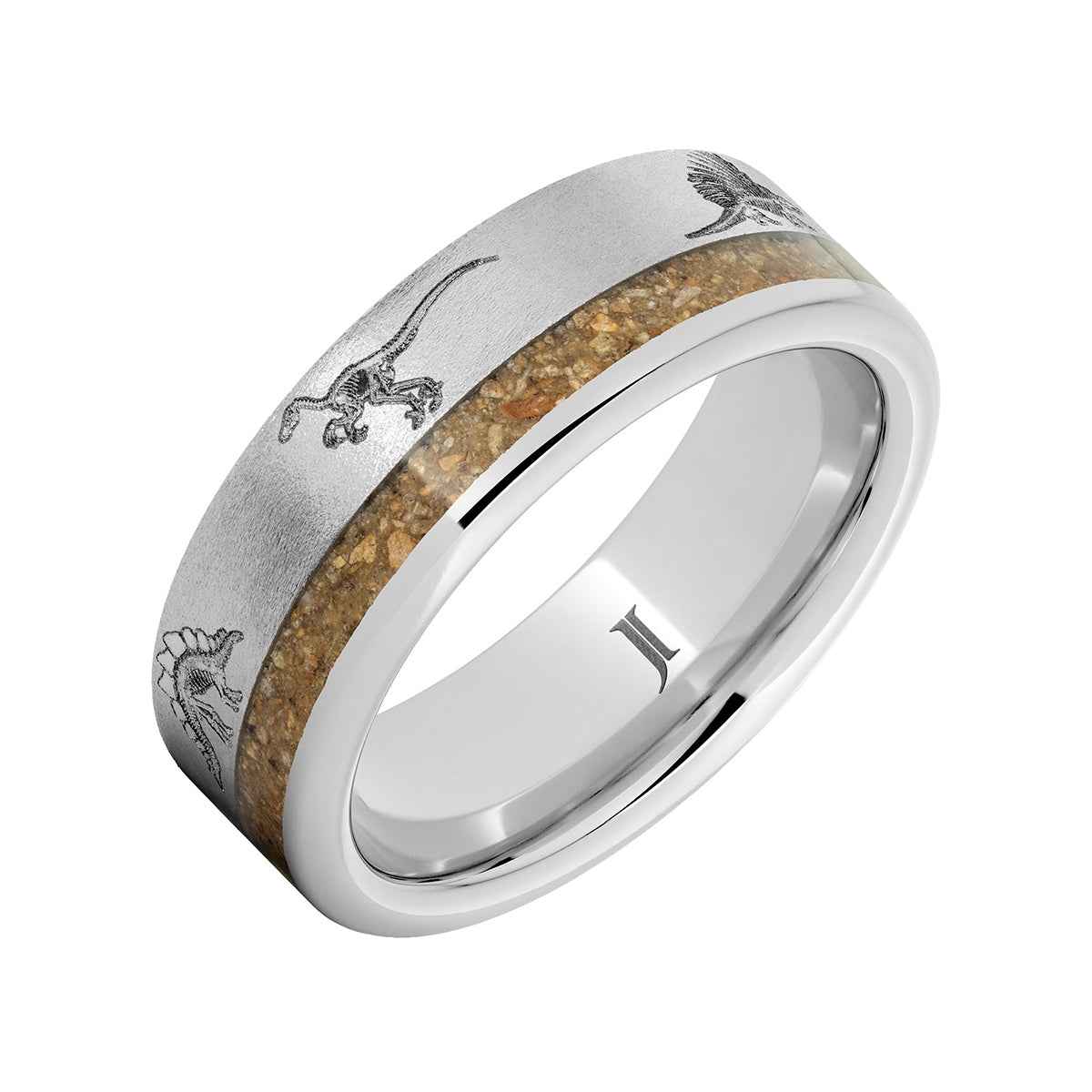 Men's 8mm Brown Dinosaur Bone Inlay Skeleton Stone Finish Wedding Ring in Serinium front view