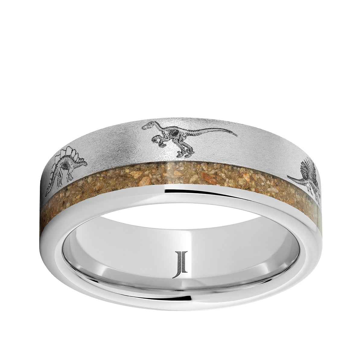 Men's 8mm Brown Dinosaur Bone Inlay Skeleton Stone Finish Wedding Ring in Serinium