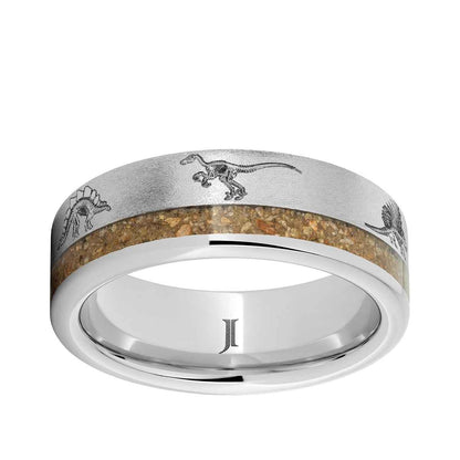 Men's 8mm Brown Dinosaur Bone Inlay Skeleton Stone Finish Wedding Ring in Serinium